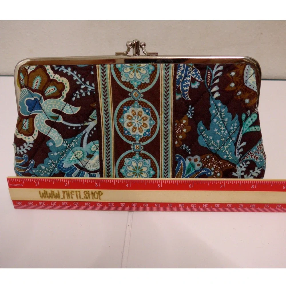 Vera Bradley Double Kisslock Clutch Brown Blue Provencal Quilted Floral Paisley